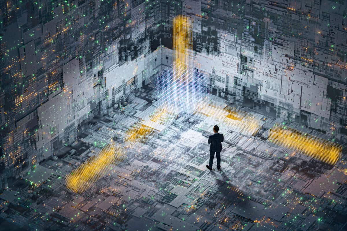 Abstract technology background image with standing businessman