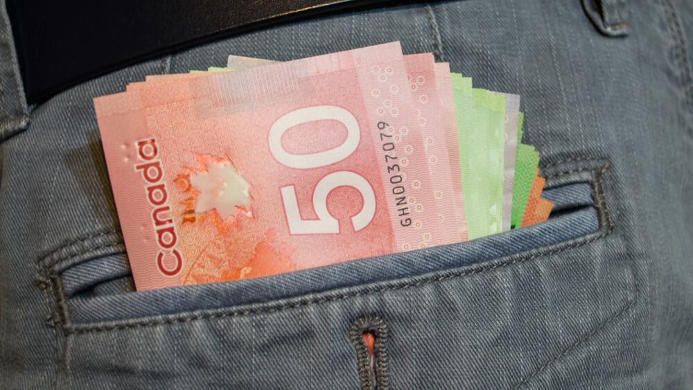 Assorted Canadian dollars in a gray pants pocket